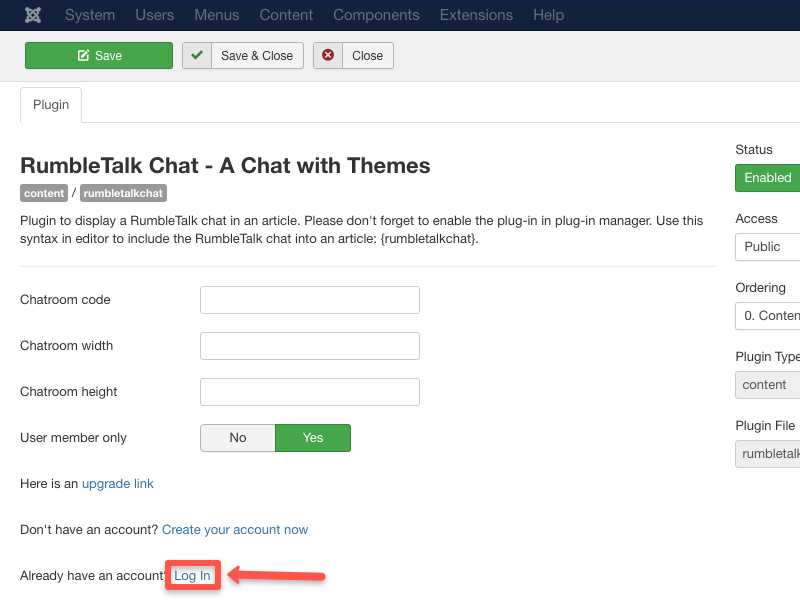 log in joomla